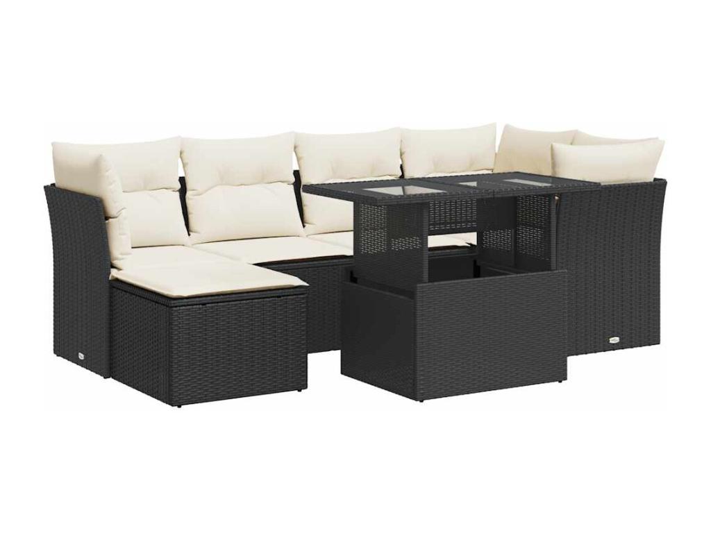 7-piece garden furniture set with cushions, black woven resin