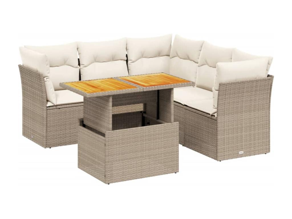 5-piece garden furniture set with cushions, beige woven resin