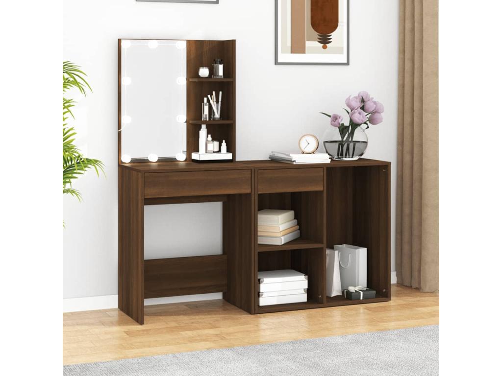 LED dressing table with cabinet, brown oak, engineered wood