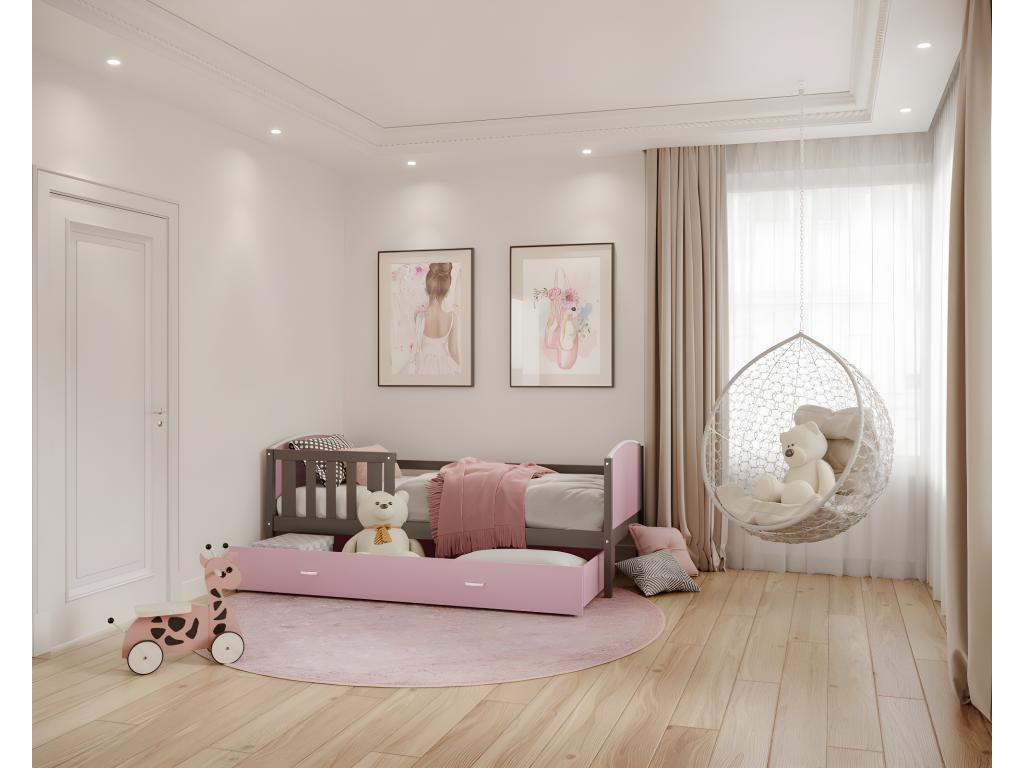 Bohometop Trundle Bed 90x190 Grey - Pink. Comes with slatted bed base, drawer, and 7cm foam mattress. 76488FXZP