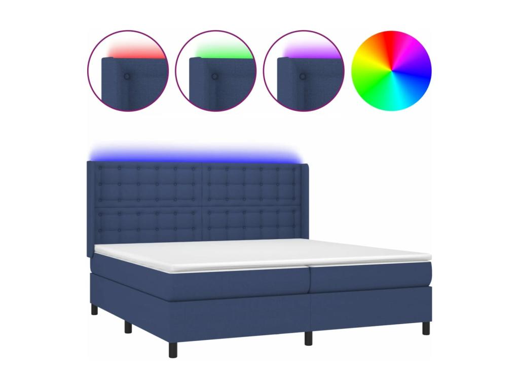 Upholstered bed base and mattress with blue LED lighting, 200x200 cm, fabric