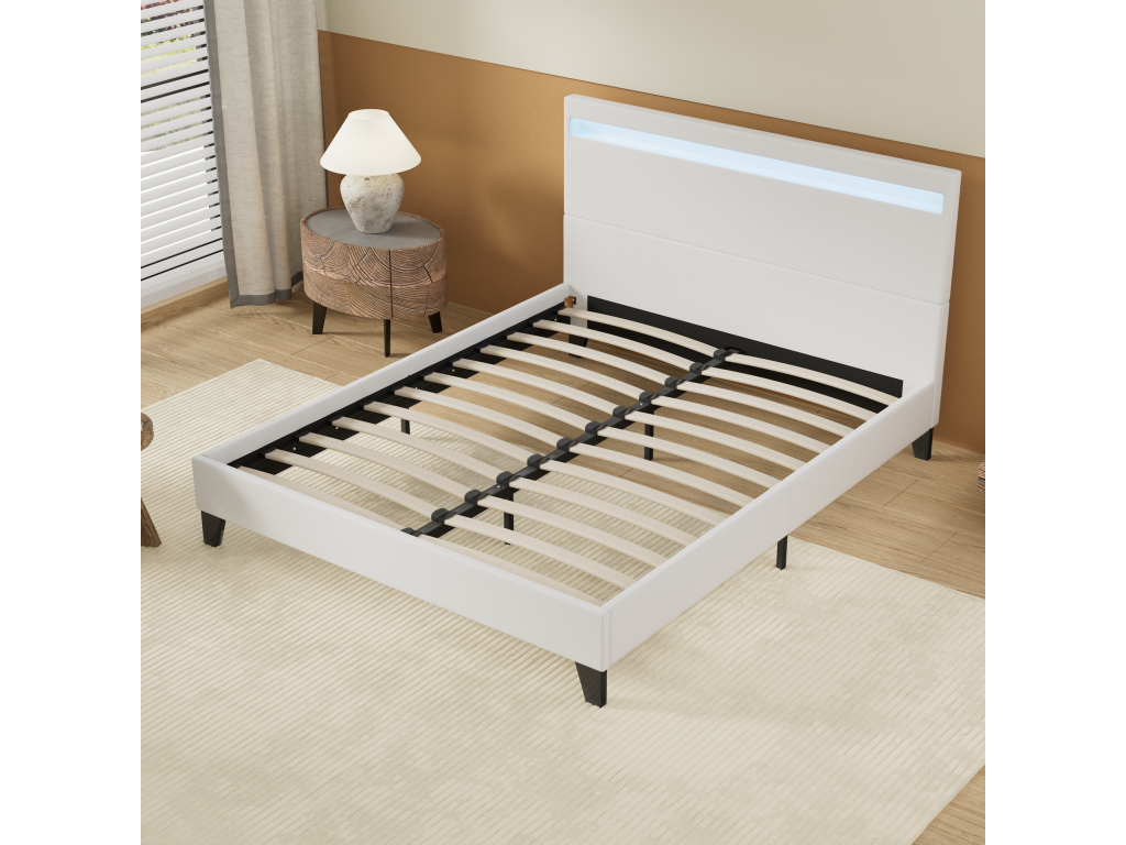 Bed with LED Lighting, White Faux Leather, 140x200 cm