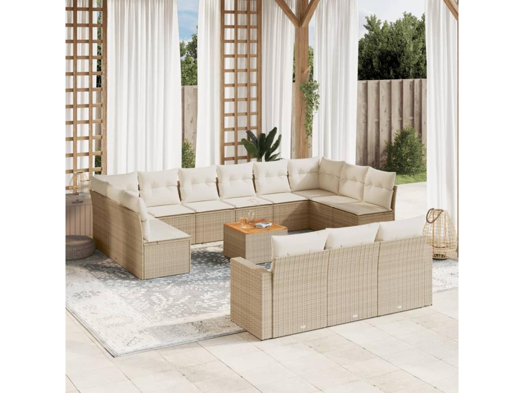 14-piece garden furniture set with cushions, beige woven resin, 15011NBVR