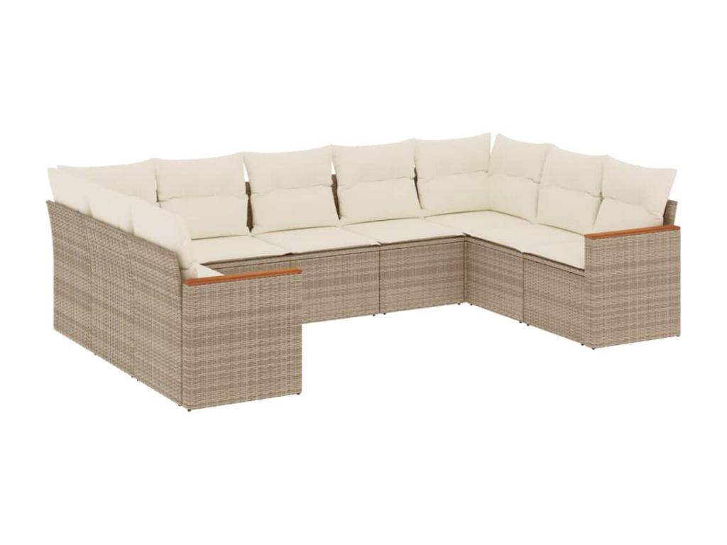 9-piece garden furniture set with cushions, beige wicker resin, 64982VMGX