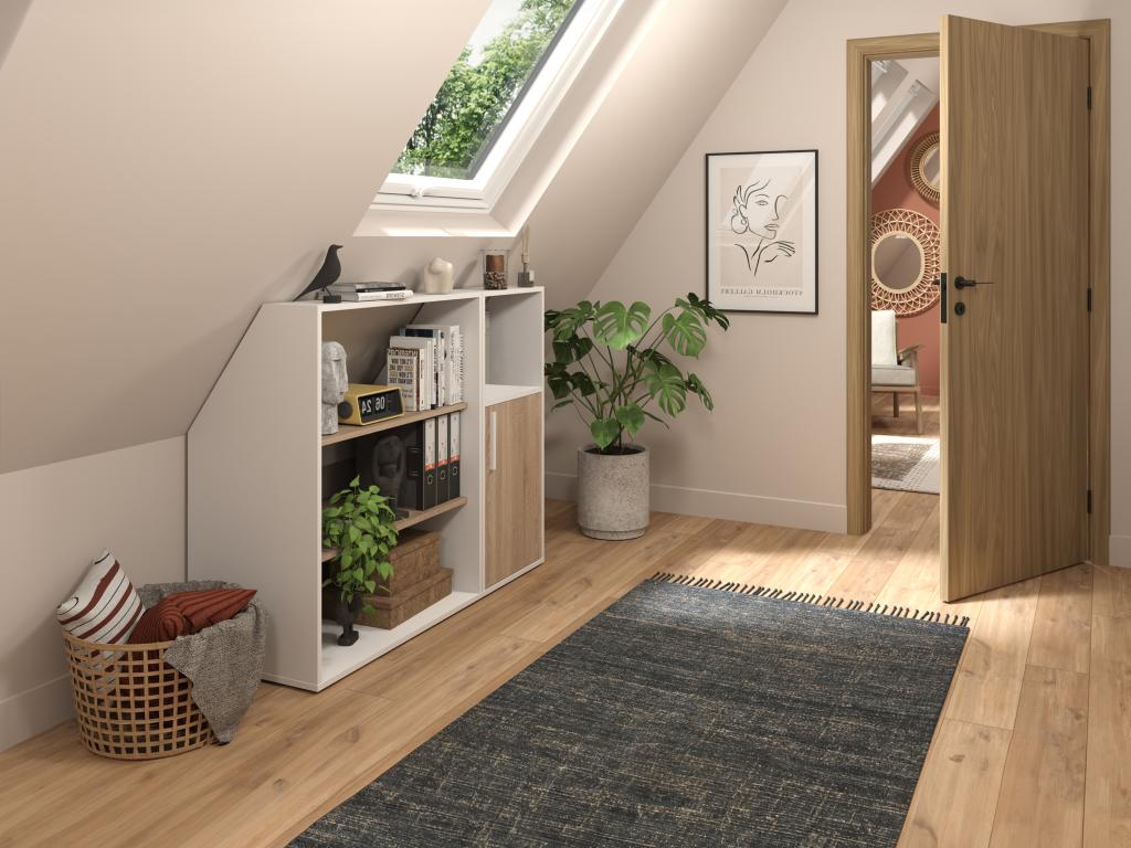 Cabinet for under a sloping ceiling with 1 door, 2 shelves and 1 niche - White and natural - Homelumiere