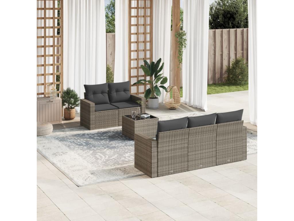 6-piece garden furniture set with grey resin wicker cushions 25138NTDW