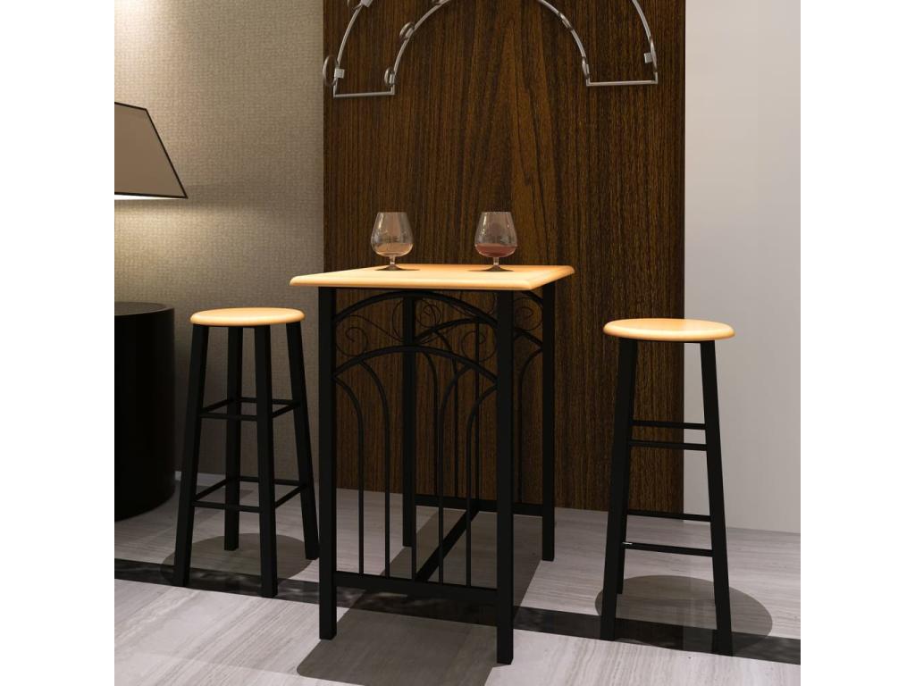 Dining table set in reddish-brown wood with black steel accents