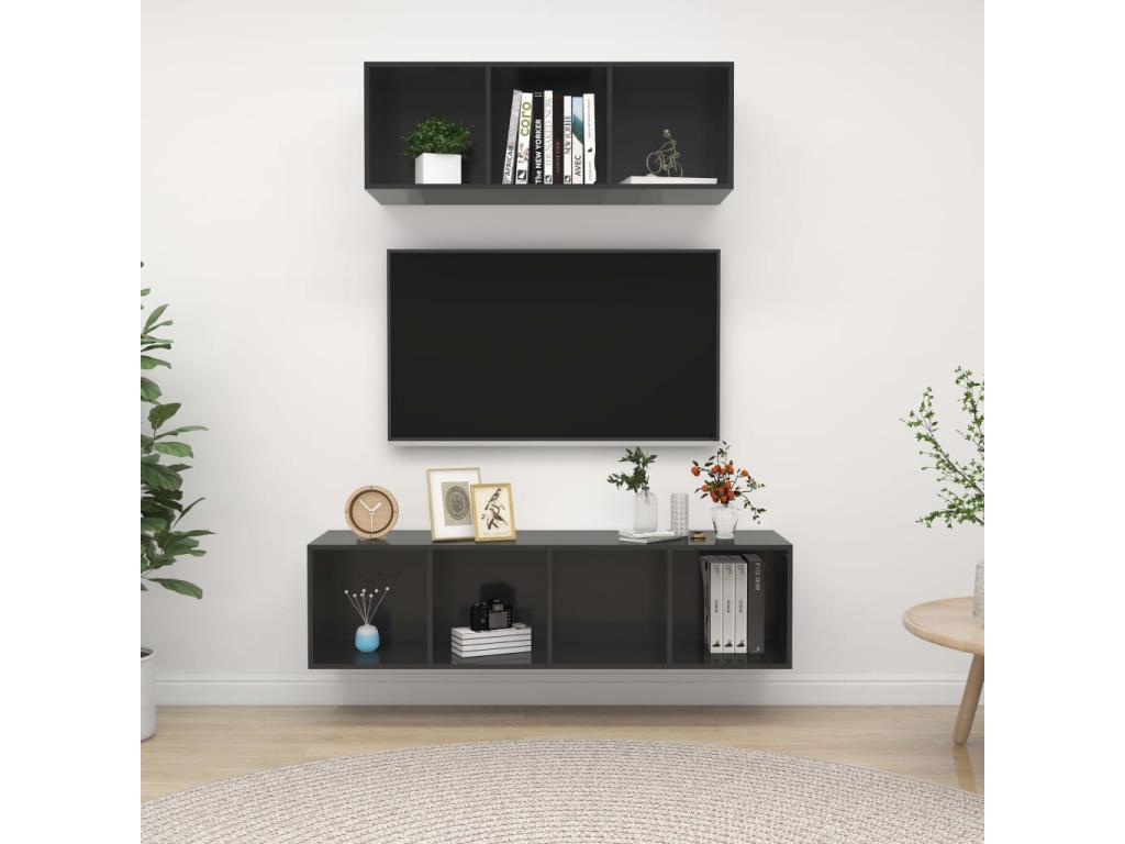 2-Piece TV Stand Set, Glossy Grey, Chipboard 62655HITK