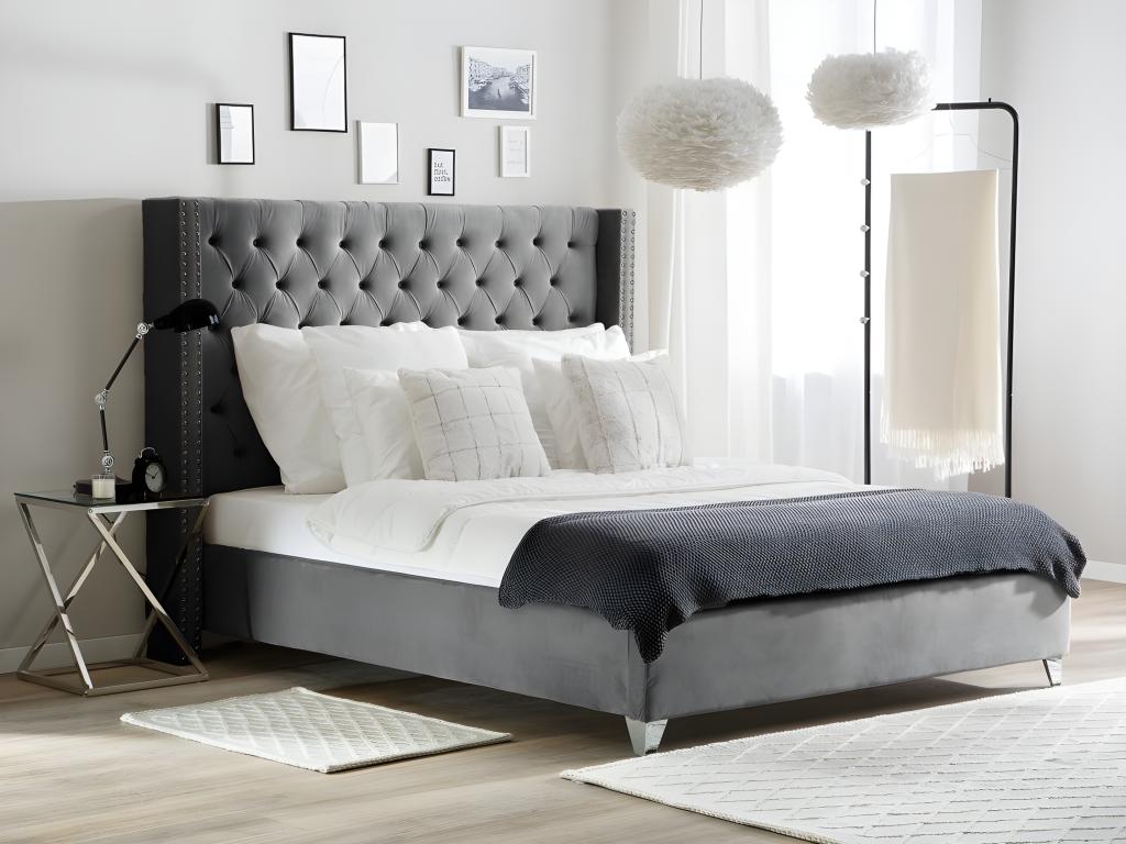 Double bed 140x190 cm princess grey velvet slatted base included