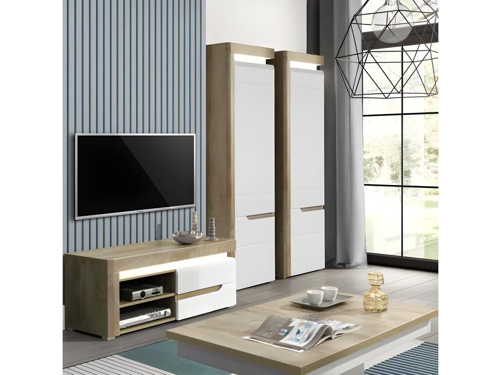 2-Door Wardrobe, White/Oak with LED Lighting - Homelumiere - W 60 x D 39 x H 195.5 cm