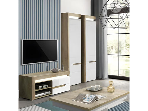 2-Door Wardrobe, White/Oak with LED Lighting - Homelumiere - W 60 x D 39 x H 195.5 cm