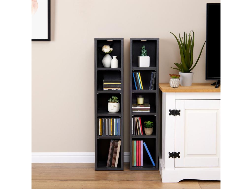 Modular MUSIC shelving for CDs and DVDs, set of 2 column storage units with 10 compartments in ash grey melamine