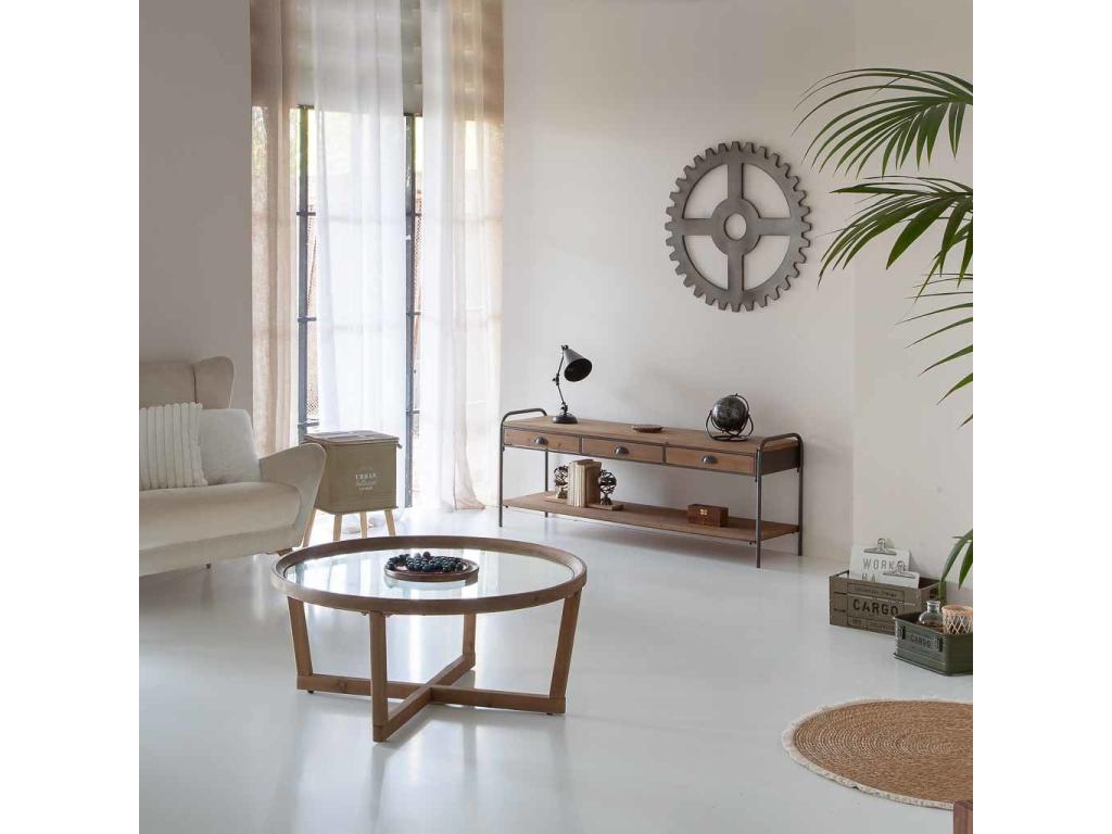 Coffee table in wood and brown glass, D100x43.5, 89285GKBU