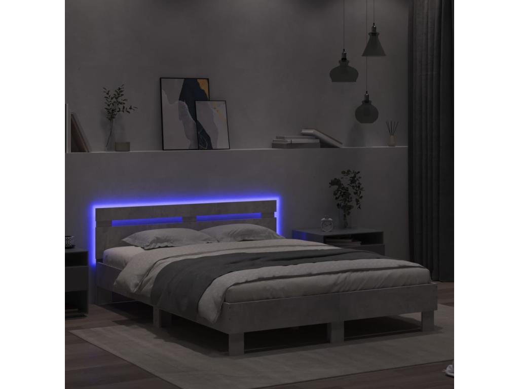 Bed frame with headboard and LED lighting, concrete grey, 140x190 cm