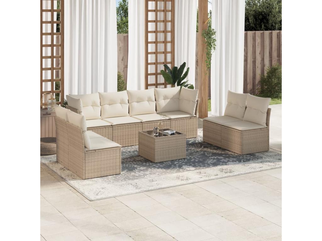 9-piece garden furniture set with cushions, beige woven resin, 72258JZQD