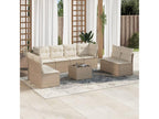 9-piece garden furniture set with cushions, beige woven resin, 72258JZQD