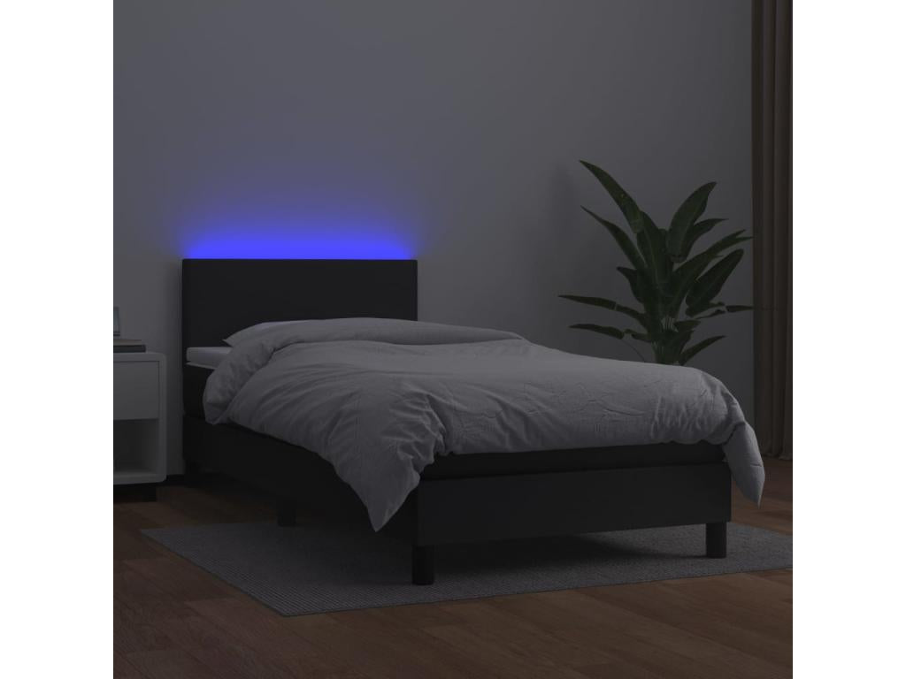 Upholstered bed base with mattress and LED lighting, black, 100x200cm, faux leather