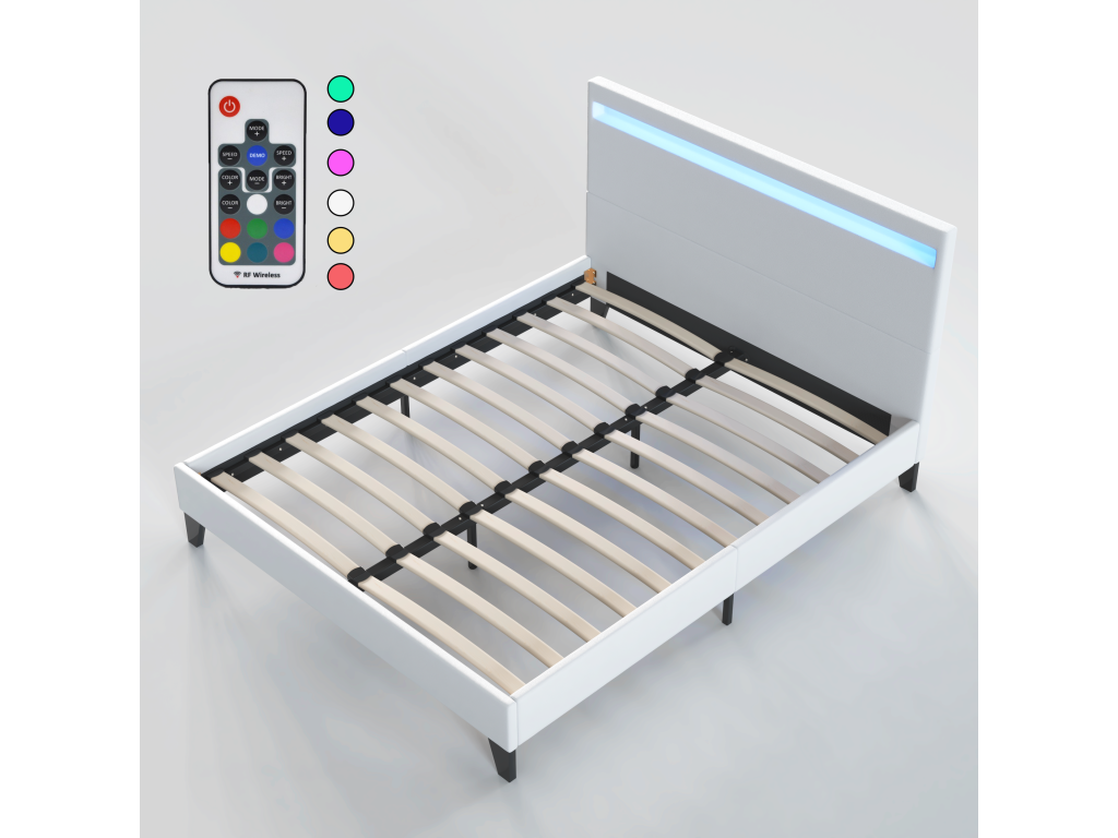 Bed with LED Lighting, White Faux Leather, 140x200 cm