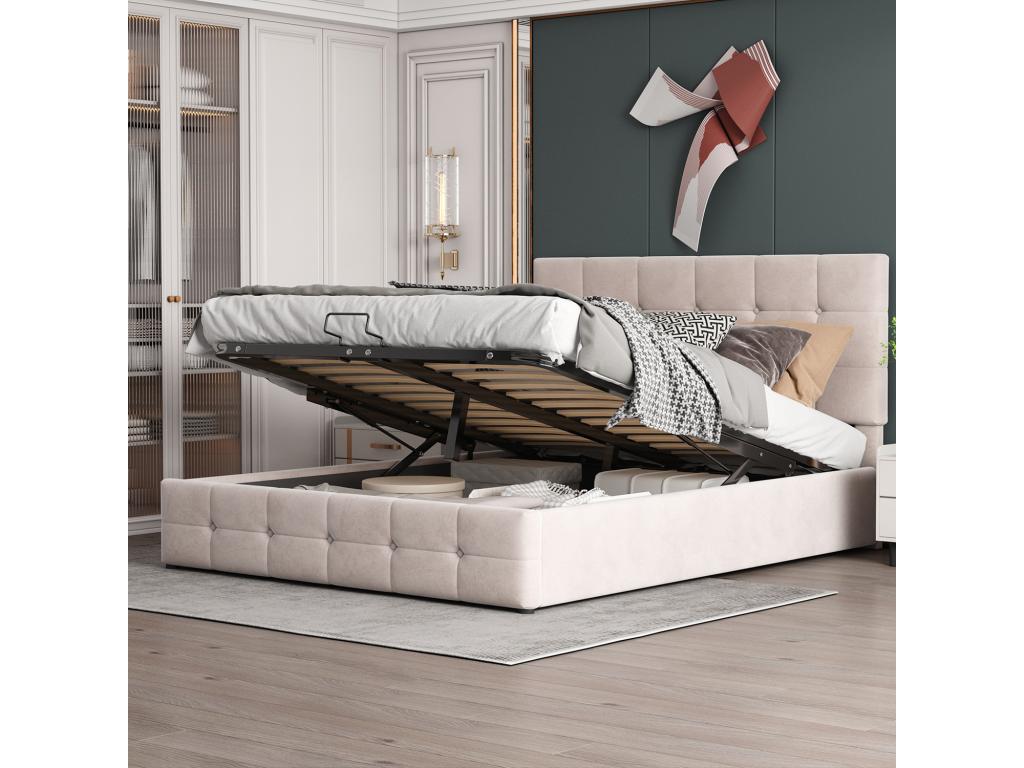 140x200 cm Storage Bed - with Hydraulic Lift - Cream White - Homelumiere