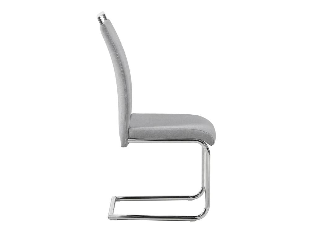 Set of 4 Homelumiere dining or kitchen chairs with padded seats, chrome handles and legs, and light grey fabric upholstery