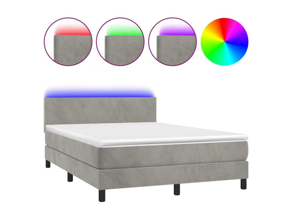 Upholstered bed base with mattress and LED light, light grey, 140x200 cm, velvet, 61015HXWL