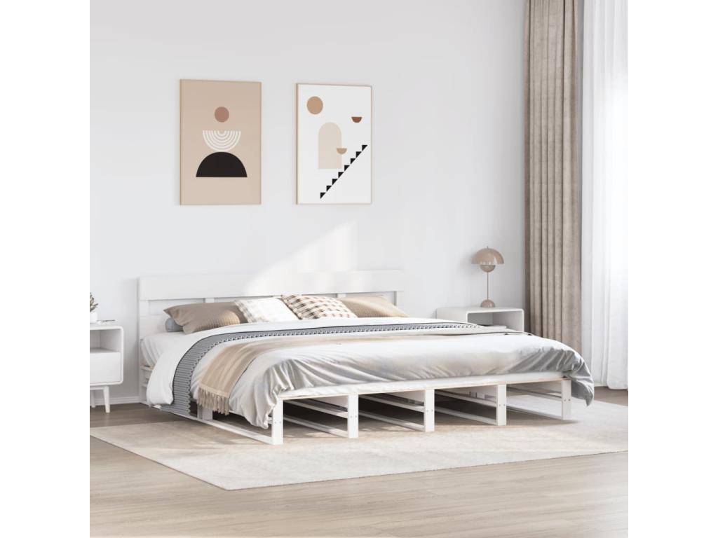White bed frame without mattress, 200x200 cm, solid pine wood
