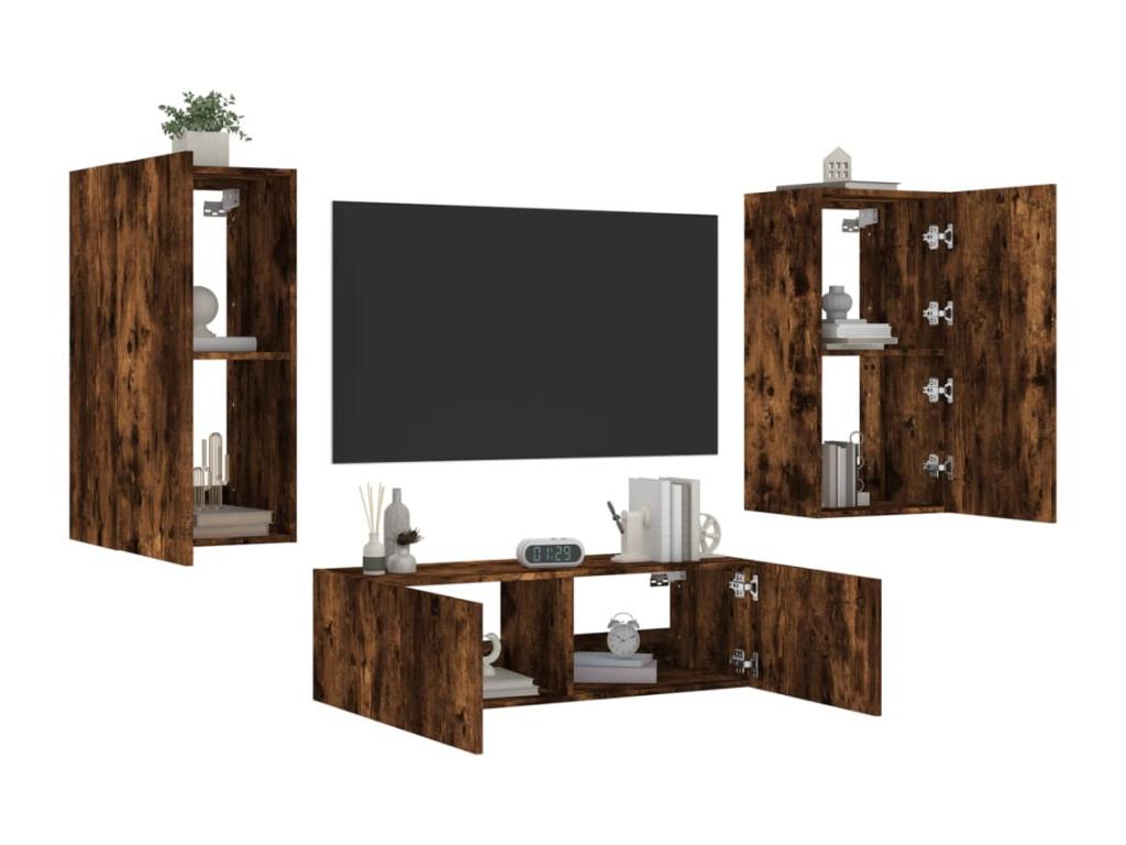 3-piece wall-mounted TV unit with Bohometop LED lighting, smoked oak finish, 85685DGGC