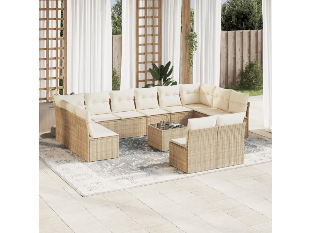 13-piece garden furniture set with cushions, beige woven resin 01299RMDF