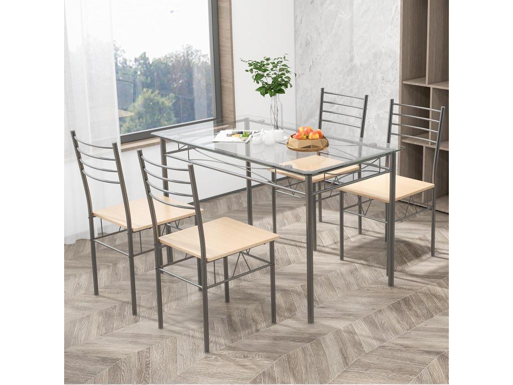 Dining Table and 4 Chairs Set, Metal Frame, Glass Kitchen Table for Dining Room, Kitchen, Restaurant, Living Room 21678EVMF