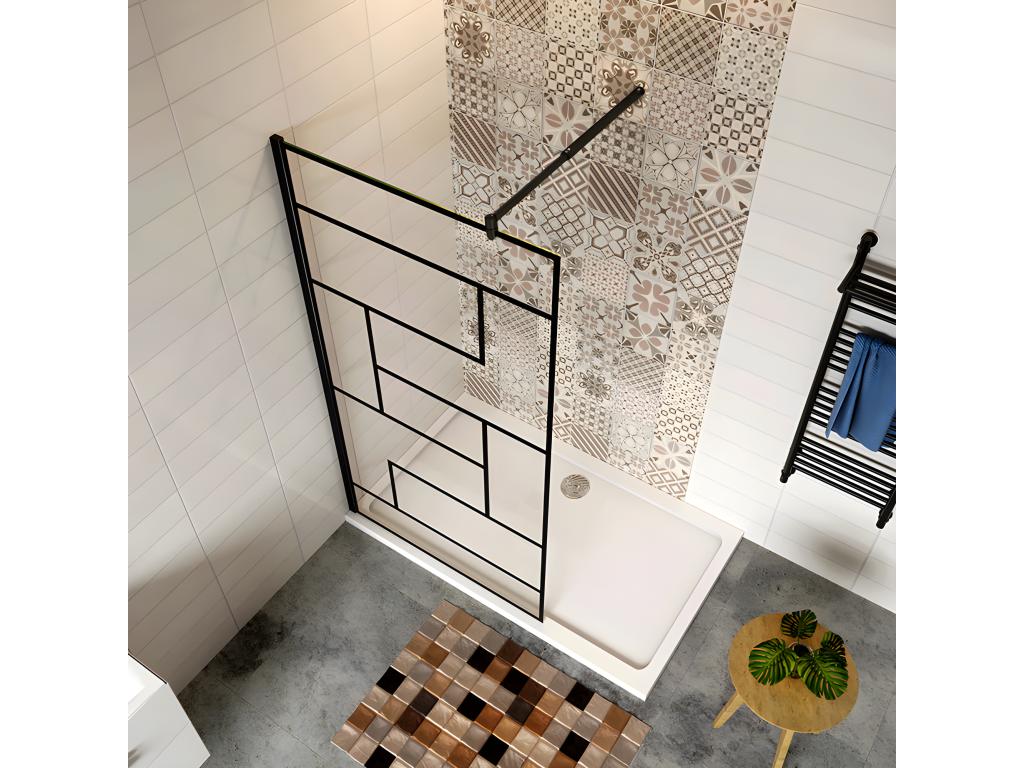 Walk-in shower screen 100x200cm with black support bar, 70-120cm extendable, 8mm anti-limescale glass, modern style 52466NCWC