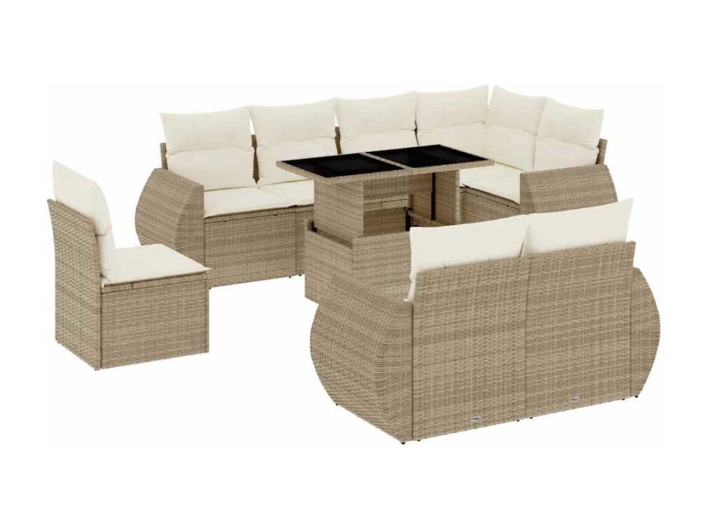9-piece garden furniture set with cushions, beige woven resin, 44557KQYD