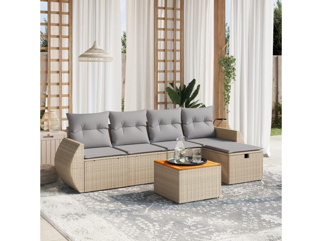 Bohometop 6-piece garden furniture set with cushions, beige wicker resin, 15178KNXL