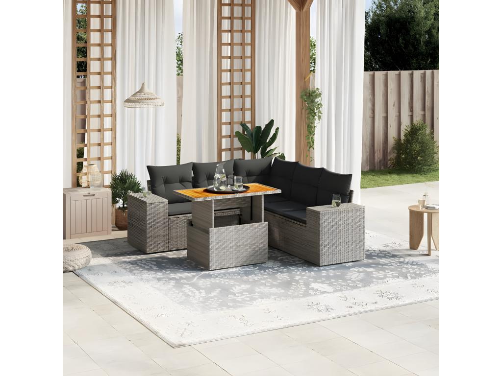 6-piece garden furniture set with grey resin wicker cushions
