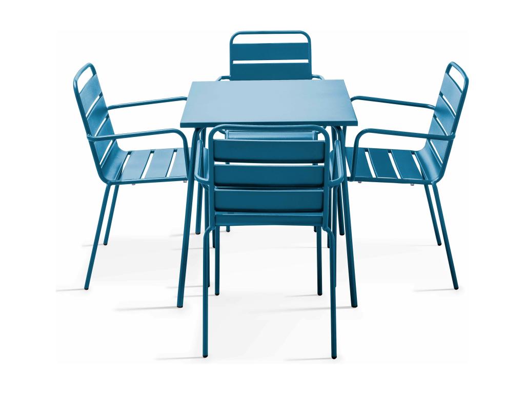 Bohometop 21146UPOE Square Garden Table and 4 Blue Steel Chairs
