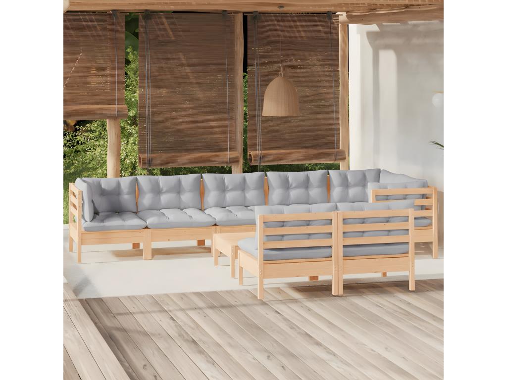 9-piece garden furniture set with grey cushions, solid pine wood, 81335CYYE