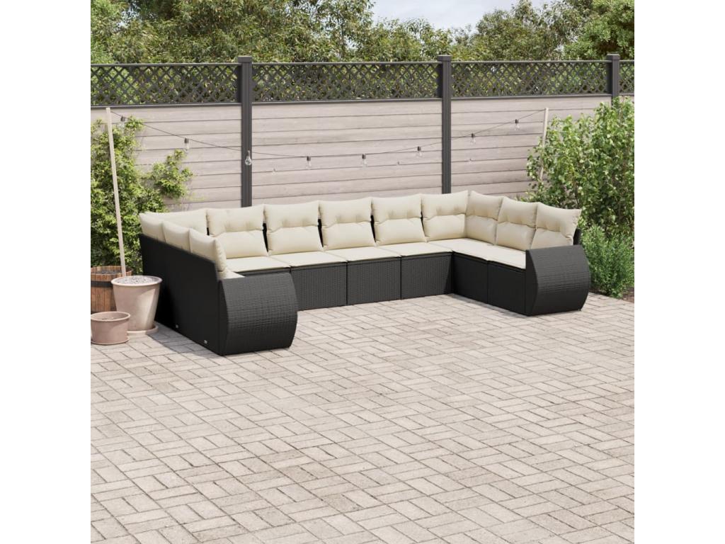10-piece garden furniture set with cushions, black woven resin