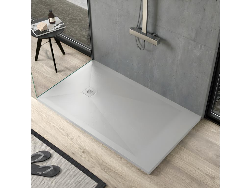 Light grey shower tray with slate finish, Homelumiere coloured grid - 140x100 cm