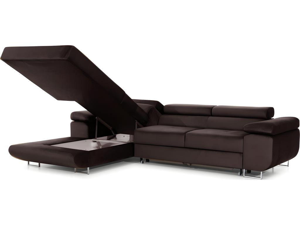 Bohometop 5-seater luxury velvet corner sofa bed in chocolate color with storage, left-hand corner (viewed from the front) 42525AERS
