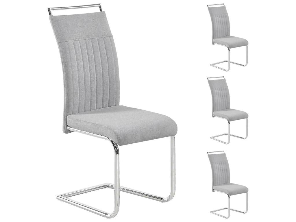 Set of 4 Homelumiere dining or kitchen chairs with padded seats, chrome handles and legs, and light grey fabric upholstery
