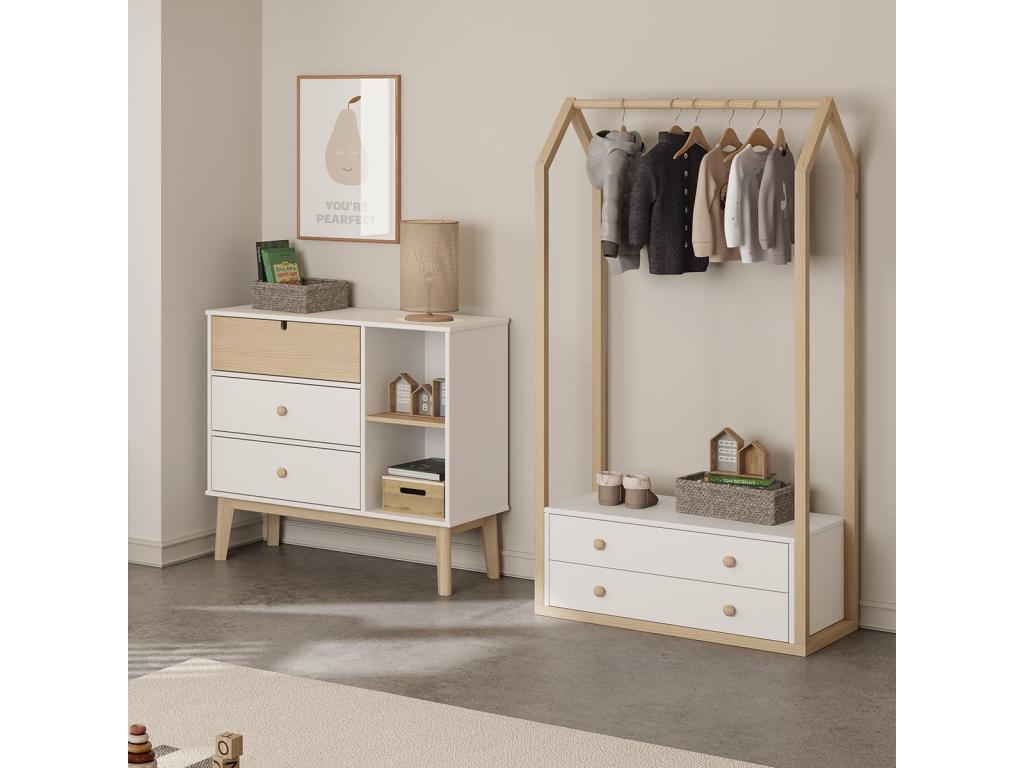Bohometop - 2-Drawer Wardrobe in MDF and Pine, White and Natural Finish 74882DRZB