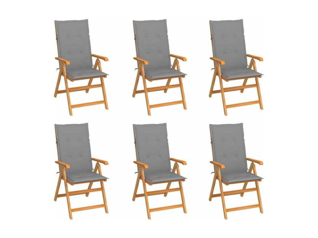 Set of 6 garden chairs with grey cushions, solid teak wood
