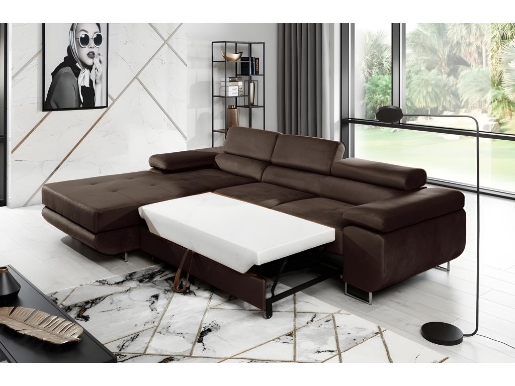 Bohometop 5-seater luxury velvet corner sofa bed in chocolate color with storage, left-hand corner (viewed from the front) 42525AERS