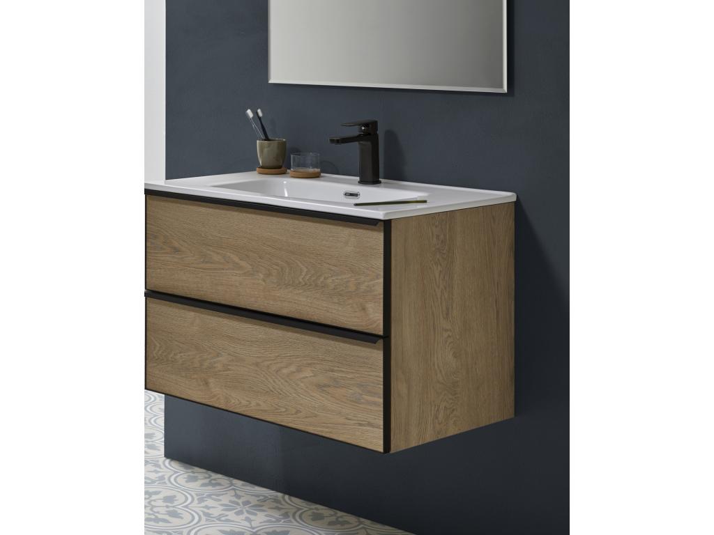 Bathroom vanity unit with 2 suspended drawers in Nordic oak finish with molded top - Length 60 x Height 50 x Depth 46 cm 07342JMDG