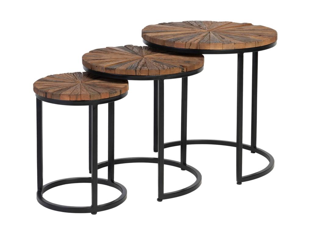 Bohometop round nesting coffee table in industrial style, made of recycled wood and matte black lacquered metal - Set of 3 26581MUSX