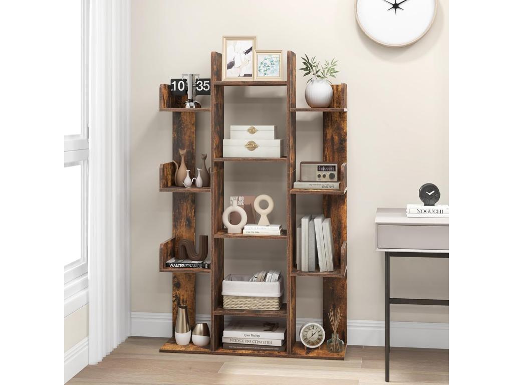 Tree-shaped bookcase with 13 open shelves, freestanding decorative shelf, rustic brown, 07975IPQN