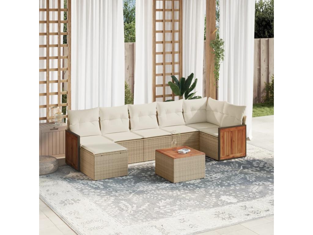 8-piece garden furniture set with cushions, beige woven resin
