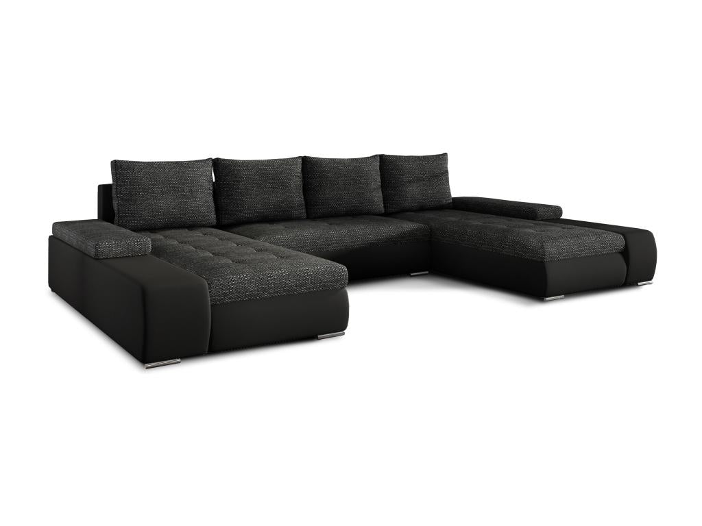 Large panoramic convertible sofa in black mottled fabric and black faux leather with storage compartment, Bohometop, 363cm, 71125UIVY