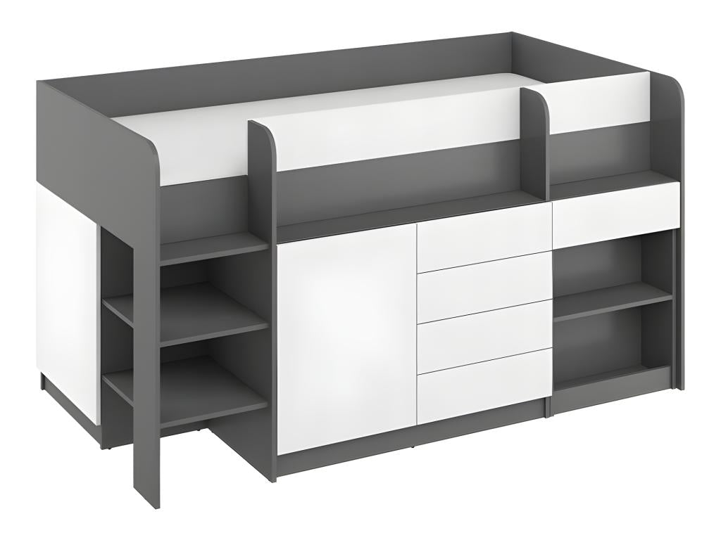 90x200cm Mezzanine Bed with Ladder, Wardrobe, Removable Desk, Bookshelf and Shelves, SMIDA L Graphite/White