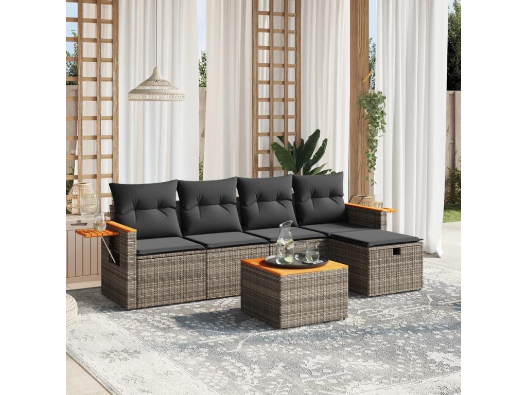 6-piece garden furniture set with grey resin wicker cushions 51421MEHQ
