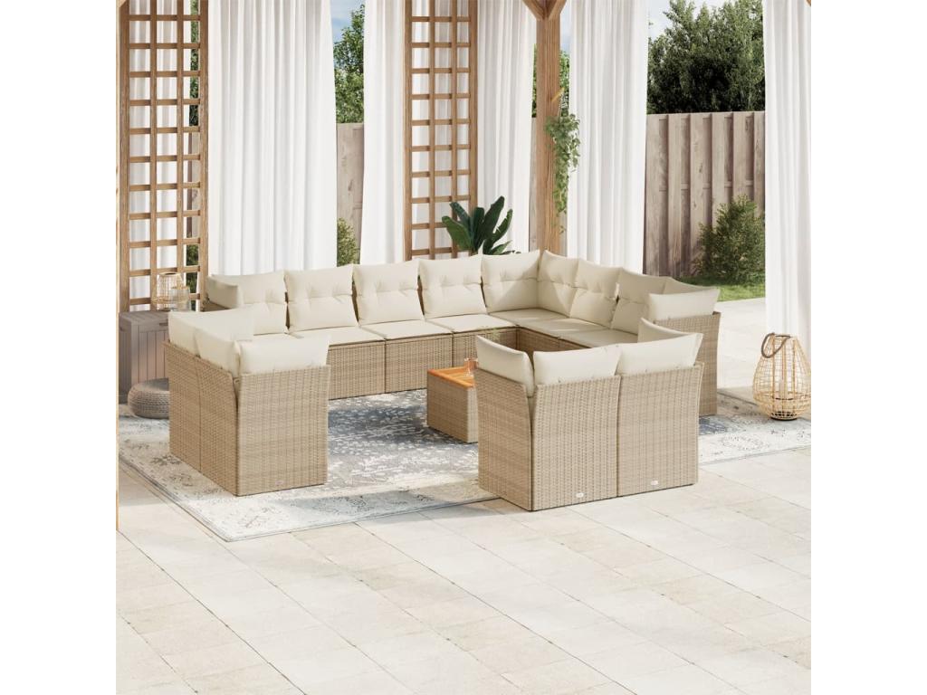 13-piece garden furniture set with cushions, beige wicker resin, 76718ZMTJ